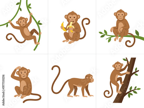 Monkey character set: six poses of primate climbing, swinging, and holding a banana