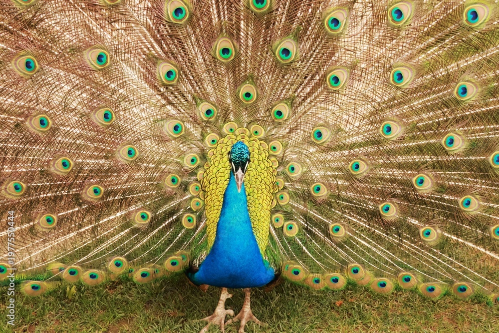 Obraz premium A colourful peacock displaying its fully spread tail feathers with vivid eye patterns and iridescent blue and green plumage. Close-up view highlighting texture, symmetry, and natural beauty.