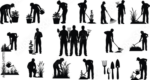 Gardening silhouettes set featuring people planting, watering, raking and maintaining plants with tools isolated on white background for landscaping and horticulture design projects