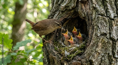 A tender moment of a mother bird feeding her chick inside a cozy tree hole nest, showcasing care, nature, and wildlife intimacy in a serene forest setting.