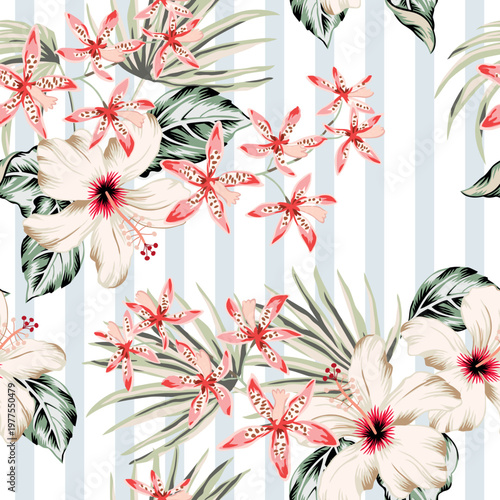 Tropical hibiscus, pink orchid flowers, palm leaves, striped background. Vector seamless pattern. Hawaiian illustration. Exotic plants. Summer beach floral design. Paradise nature