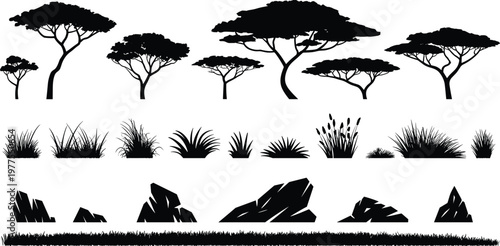 Savanna landscape silhouette set featuring acacia trees, grass, bushes, rocks and natural elements isolated on white background for African nature and environment design
