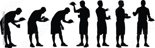 Waiter silhouettes set showing restaurant staff serving food, taking orders and presenting dishes isolated on white background for hospitality and service industry design