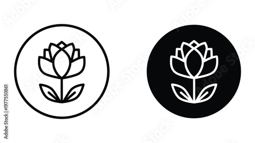 Contrasting lotus flower emblems on circular backgrounds with different color schemes