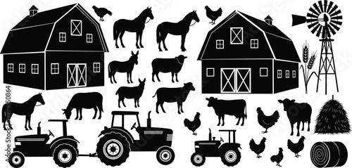 Black silhouette farm illustration featuring barn, tractor, livestock animals, windmill, hay bales and rural countryside elements isolated on white background for agricultural design use