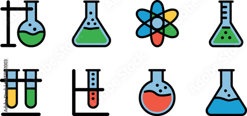 Laboratory glassware icon set containing flasks test tubes and atom symbol for chemistry education and science research. vector illustration