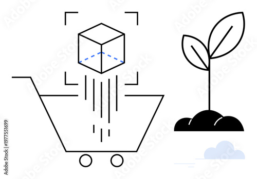 Sustainability, e-commerce, technological innovation, environmental growth, logistics, online retail. Minimalist design with shopping cart, cube and plant. Sustainability and e-commerce concept