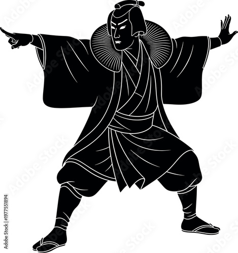 Dramatic silhouette of a traditional japanese figure in a dynamic pose