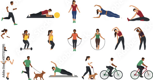 Collection of fitness activities with people exercising running stretching cycling and home workouts representing healthy lifestyle and active training illustration