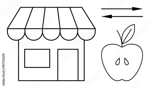 E-commerce, trade, retail stores, food exchange, marketplace, consumer goods. Minimalist outline of a shop, apple and arrows. E-commerce and trade concepts supported through clear visuals