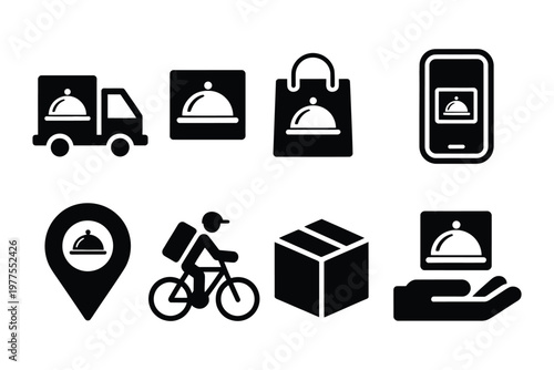 Food delivery filled icon set, vector illustrations of delivery truck, takeaway package, and shopping bag, minimal modern design suitable for food delivery apps, e-commerce platforms