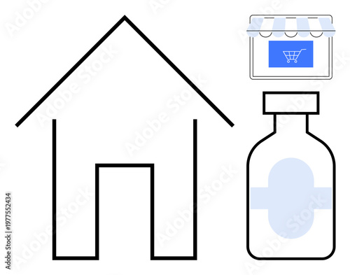 Telemedicine, e-commerce, pharmacy, healthcare, contactless delivery, convenience. House icon, online shopping cart medicine bottle. Telemedicine and e-commerce delivery concept