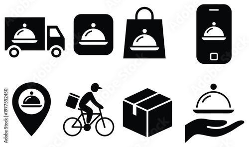 Food delivery icons, filled vector icon set including delivery truck, package, and shopping bag, clean flat design representing online food ordering, delivery services