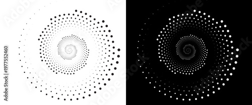 Modern abstract background. Halftone dots in circle form. Round logo. Vector dotted frame. Design element or icon. Black shape on a white background and the same white shape on the black side.