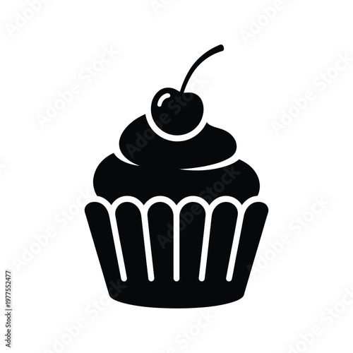 Black silhouette of a cupcake with white outline, topped with frosting and a cherry