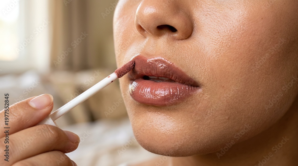 Naklejka premium Woman applying lip gloss to her lips with a makeup brush in a beauty routine closeup