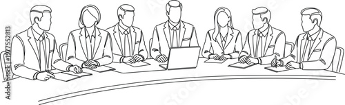 Corporate board meeting with executives discussing reports around table representing teamwork governance strategic planning and professional collaboration line art illustration