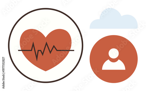 Digital healthcare, data cloud storage, user interface, heart monitoring, telemedicine, health tracking. Heartbeat symbol, cloud graphic and user icon. Digital healthcare and data cloud storage