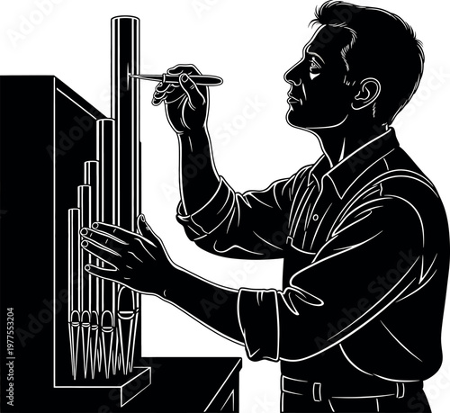 A striking black and white illustration of a man meticulously working on a complex mechanical device showcasing precision