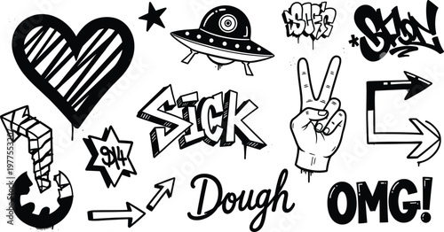 Graffiti Style Icon Set Featuring Heart, UFO, Arrows, Peace Sign, and Bold Text for Street Art and Urban Designs
