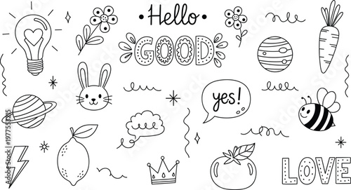 Whimsical Hand-Drawn Icon Set Featuring Light Bulb, Bunny, Stars, Carrot, Bee, and Positive Messages for Fun and Creative Designs