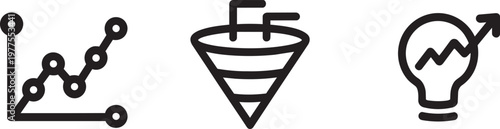 Light bulb icon set with funnel icon, sales funnel, and line chart in outline style