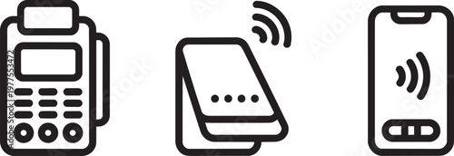 Modern contactless payment icons set with POS terminal, card reader, and mobile phone vector