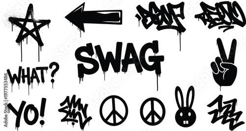 Graffiti Street Art Icon Set Featuring Swag, Peace Signs, Arrows, Stars, Bunny, and Bold Text for Urban Designs