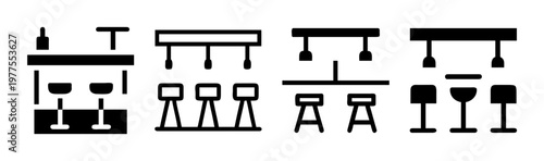 Minimalist bar counter icon set, modern restaurant furniture symbols, black and white cafe interior vector elements for floor plans
