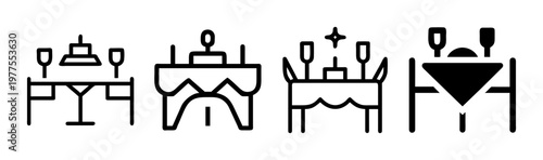 Minimalist restaurant table icons set, black line dinner setting vector graphics, elegant banquet and fine dining furniture symbols for menu design