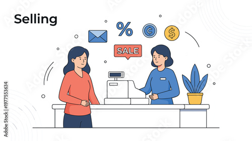 Retail selling concept with cashier and customer at checkout counter representing sales discount payment transaction and shopping experience illustration
