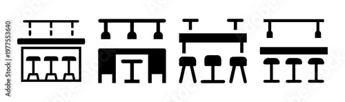 Minimalist bar counter icon set, modern restaurant furniture symbols, black and white cafe interior vector graphics, pub seating and lighting icons