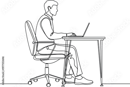 Man sitting at desk working on laptop in ergonomic office chair representing professional workflow productivity and workplace routine line art illustration