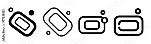 Minimalist soap bar icon set, black line art hygiene symbols with bubbles, 4 vector soap elements for bathroom and cleaning branding