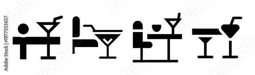 Minimalist bar and lounge icons set, black cocktail and seating silhouettes, modern restaurant furniture and drink symbols for wayfinding signage