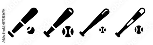Minimalist baseball bat and ball icon set, black flat vector sports equipment collection, professional athletic gear symbols for competition