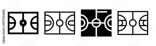 Basketball court icons set, minimalist sports field top view symbols, 4 black and white vector court layouts for athletic game planning