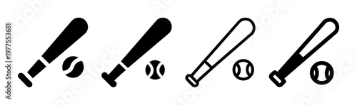 Baseball bat and ball icon set, minimalist sports equipment vector illustrations, black and white athletic symbols for competition and league branding