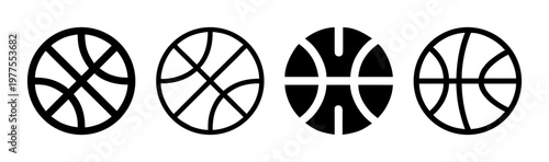 Basketball icon set with four black vector line art designs, minimalist basketball ball symbols for sports branding, athletic equipment graphic elements