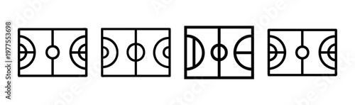 Minimalist basketball court icons set, black line art sports field diagrams, 4 vector basketball pitch layouts for coaching and strategy
