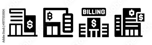 Financial building icons set, black bank and billing office vector symbols, 4 business architecture elements for fintech and banking apps