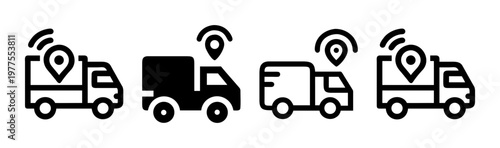 Smart delivery truck icons with GPS tracking pins, logistics fleet monitoring symbols, 4 black vector assets for shipping and transportation apps