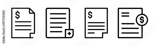 Minimalist financial document icon set, black line invoice and billing symbols, 4 vector icons for business accounting and payment processing