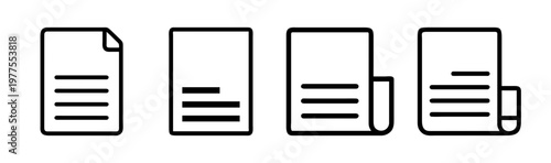 Minimalist document icon set, black line paper and file symbols, simple office stationery vector elements for web and app interface design