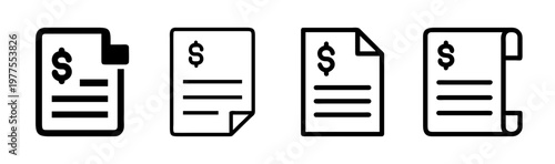 Minimalist invoice icon set, black line financial document vector icons, 4 professional billing and payment receipt symbols for business apps