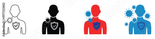 Human immunity and protection icon set, vector icons representing virus and bacteria defense, healthy body with shield, minimal modern illustrations suitable for medical, public health and educational