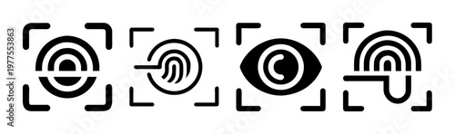 Biometric security icon set, fingerprint scanning and eye recognition symbols, digital identity verification vector graphics for cyber safety