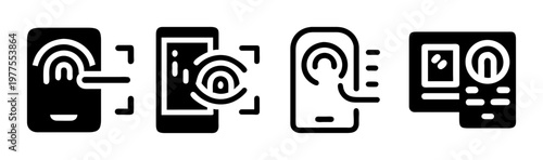 Biometric authentication icons set, digital security and identity verification symbols, fingerprint and eye scan vector elements for mobile apps