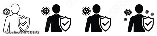 Human body immunity icon set, vector illustrations of health protection, bacteria and virus defense, medical prevention symbols, depicting a healthy human with shield resisting germs