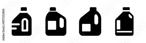 Motor oil canister icons set, black plastic gallon bottle silhouettes for automotive maintenance, engine lubricant container vector symbols